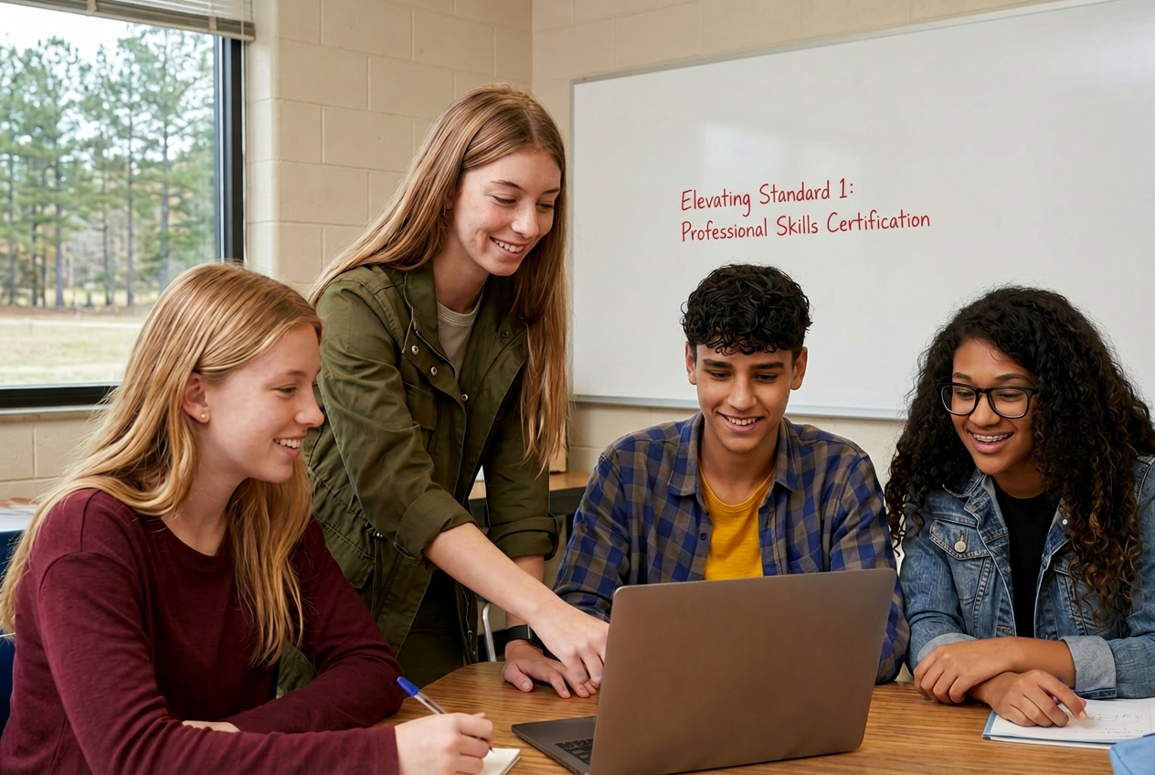 Diverse students collaborating with an educator mentor in a modern classroom